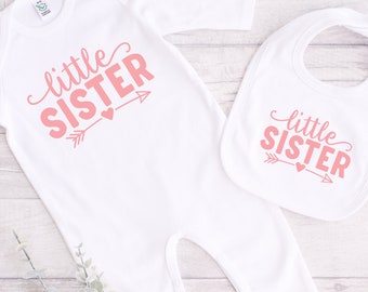 Little Sister Sleepsuit | Personalised Little Sister Baby Announcement Romper |  Baby Girls Coming Home Outfit | Baby Shower Gift