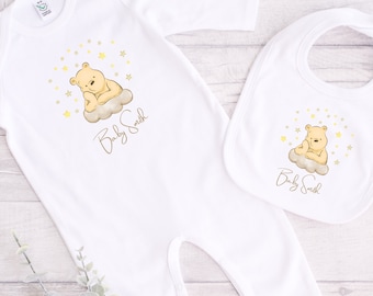 Baby Winnie Pooh Sleepsuit | Baby Coming Home Outfit | Baby Winnie Pooh Hospital Outfit | New Baby Gift | Gender Neutral Baby Gift | Bib