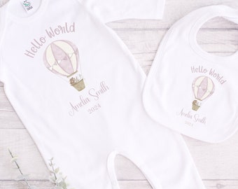 Baby Girls Hot Air Balloon Sleepsuit | Personalised Baby Announcement Romper | Hello World | Baby Girls Coming Home Outfit |Baby Shower Gift