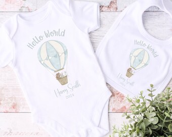 Baby Boys Hot Air Balloon Bodysuit | Personalised Baby Coming Home Outfit | Matching Bib | Baby Shower Gift | Baby Boys Hello World Romper