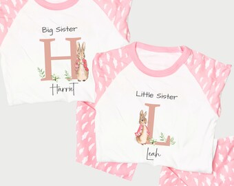 Big Sister Little Sister Pajamas / Hermanas a juego / Pijama personalizado a juego de hermanas / Pink Bunny Sister Matching / Traje de dormir a juego