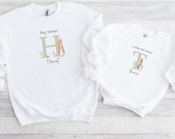 Big Sister Little Brother Jumpers | Personalised Pink or Blue Bunny Matching Sibling Sweatshirts | New Baby Announcement | Big Sister Gift