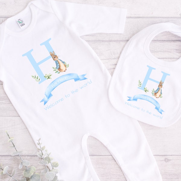 Boys Blue Bunny Sleepsuit | Matching Bib | Personalised Coming Home Outfit | Blue Bunny Hospital Outfit | New Baby Boy Gift