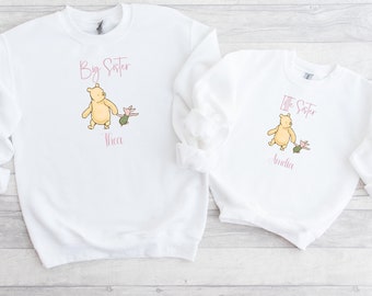 Big Sister Little Sister Matching Jumpers | Girls Personalised Winnie Pooh Matching Sweatshirts | Big Sister Baby Announcement | Twinning