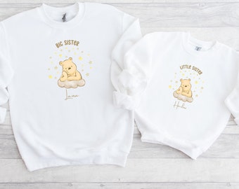 Big Sister Little Sister Matching Winnie Pooh Jumpers | Girls Personalised Matching Sweatshirts | Big Sister | Baby Announcement | Twinning