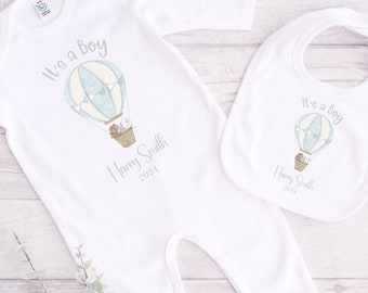 Its a Boy Hot Air Balloon Sleepsuit | Personalised Baby Announcement Romper | Baby Boys Coming Home Outfit | Baby Shower Gift | New Baby