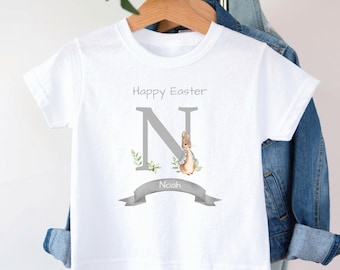 Gender Neutral Kids Grey Rabbit Easter T-shirt | Personalised Easter T-shirt | Easter T-shirt | Name & Initials | Easter Gift