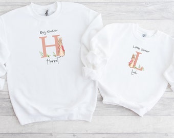 Big Sister Little Sister Jumpers | Personalised Girls Pink Bunny Sister Matching Sweatshirts | Big Sister Announcement | Baby Announcement
