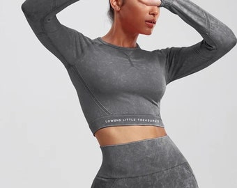 Womens Custom High Waist Gym Outfit | 2 Piece Grey Gym Outfit | Long Sleeve Gym Set | Womens Gym Leggings | Custom  Workout Outfit