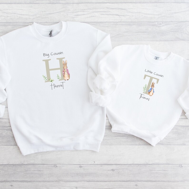 Big Cousin Little Cousin Jumpers Personalised Cousin Matching Bunny Sweatshirts New Baby Announcement Gift for Cousins image 1
