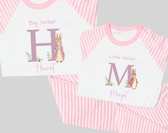 Pijama de hermana pequeña de hermana mayor / hermanas a juego / pijamas de conejito de rayas rosas para niñas / pijama de conejo rosa a juego de hermana personalizada