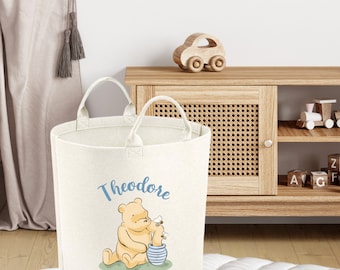 Boys Winnie Pooh Toy Basket | Personalised Winnie Pooh Toy Tub | Boys Winnie Pooh Blue Name | Nursery Storage | Boys Winnie Pooh Décor