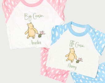 Big Cousin Little Cousin Matching Pyjamas | Winnie Pooh Matching Cousin Pyjamas | Personalised Cousin Matching Pyjamas | Matching Sleepsuit