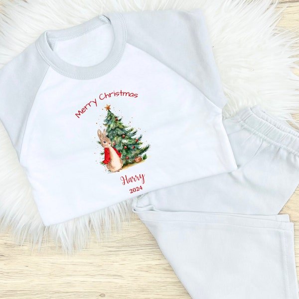 Kids Merry Christmas Pyjamas | Personalised Kids Red Rabbit Christmas Pyjamas | Kids Grey Christmas Pjs | Christmas Eve Box | Gift for Kids