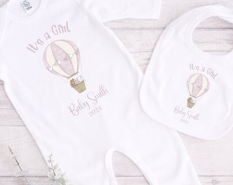 Its a Girl Hot Air Balloon Sleepsuit | Personalised Baby Announcement Romper |  Baby Girls Coming Home Outfit | Baby Shower Gift | New Baby