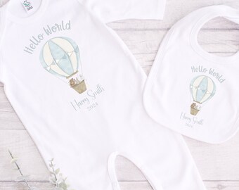 Baby Boys Hot Air Balloon Sleepsuit | Personalised Baby Announcement Romper | Hello World | Baby Boys Coming Home Outfit | Baby Shower Gift