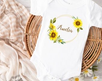 Baby Girls Sunflower Bodysuit | Personalised Floral Wreath Romper | Matching Bib | Sunflower Outfit | New Baby Girl Gift | Baby Shower