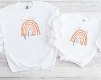 Big Sister Little Sister Sweatshirts | Personalised Sister Matching Rainbow Jumpers | New Big Sister Gift | Baby Announcement