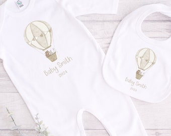 Baby Gender Neutral Sleepsuit | Personalised Baby Announcement Romper | Hot Air Balloon Sleepsuit | Pregnancy Announcement | New Baby Gift