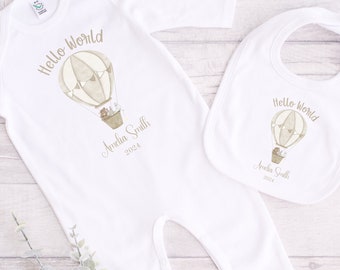 Baby Hot Air Balloon Sleepsuit | Personalised Baby Announcement Romper | Baby Gender Neutral Sleepsuit |Baby Shower Gift |Coming Home Outfit