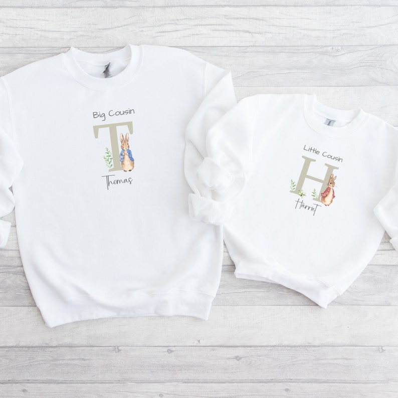 Big Cousin Little Cousin Jumpers Personalised Cousin Matching Bunny Sweatshirts New Baby Announcement Gift for Cousins image 2