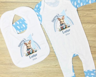 Baby Boys First Easter | Boys First Easter Sleepsuit | Matching Bib | Baby Easter Outfit | Baby Easter Bunny Romper