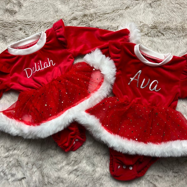 Personalised Baby Girls Santa Dress with Fluffy Edging and Gold Star Design | Festive Elegance for Your Little Star! Baby girl Christmas