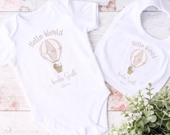 Baby Girls Hot Air Balloon Bodysuit | Personalised Baby Coming Home Outfit | Matching Bib | Baby Shower Gift | Baby Girls Hello World Romper