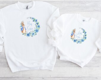 Big Sister Little Sister Jumpers | Personalised Blue Bunny & Blue Floral Wreath Sister Matching Sweaters | Gift for Girls |Gift for Sisters