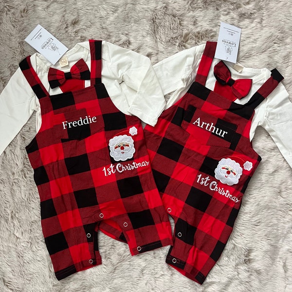 Baby jongens eerste kerstoutfit, baby jongens eerste kerst tuinbroek set, baby jongens eerste kerstoutfit gepersonaliseerd met naam