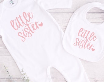 Little Sister Sleepsuit | Personalised Little Sister Outfit |  Baby Girls Coming Home Outfit | Baby Shower Gift | Baby Announcement Romper