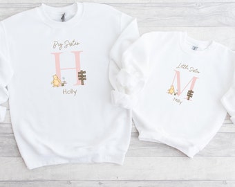 Big Sister Little Sister Matching Jumpers | Personalised Girls Winnie Pooh Matching Sweatshirts | Gift for Girls | Baby Announcement