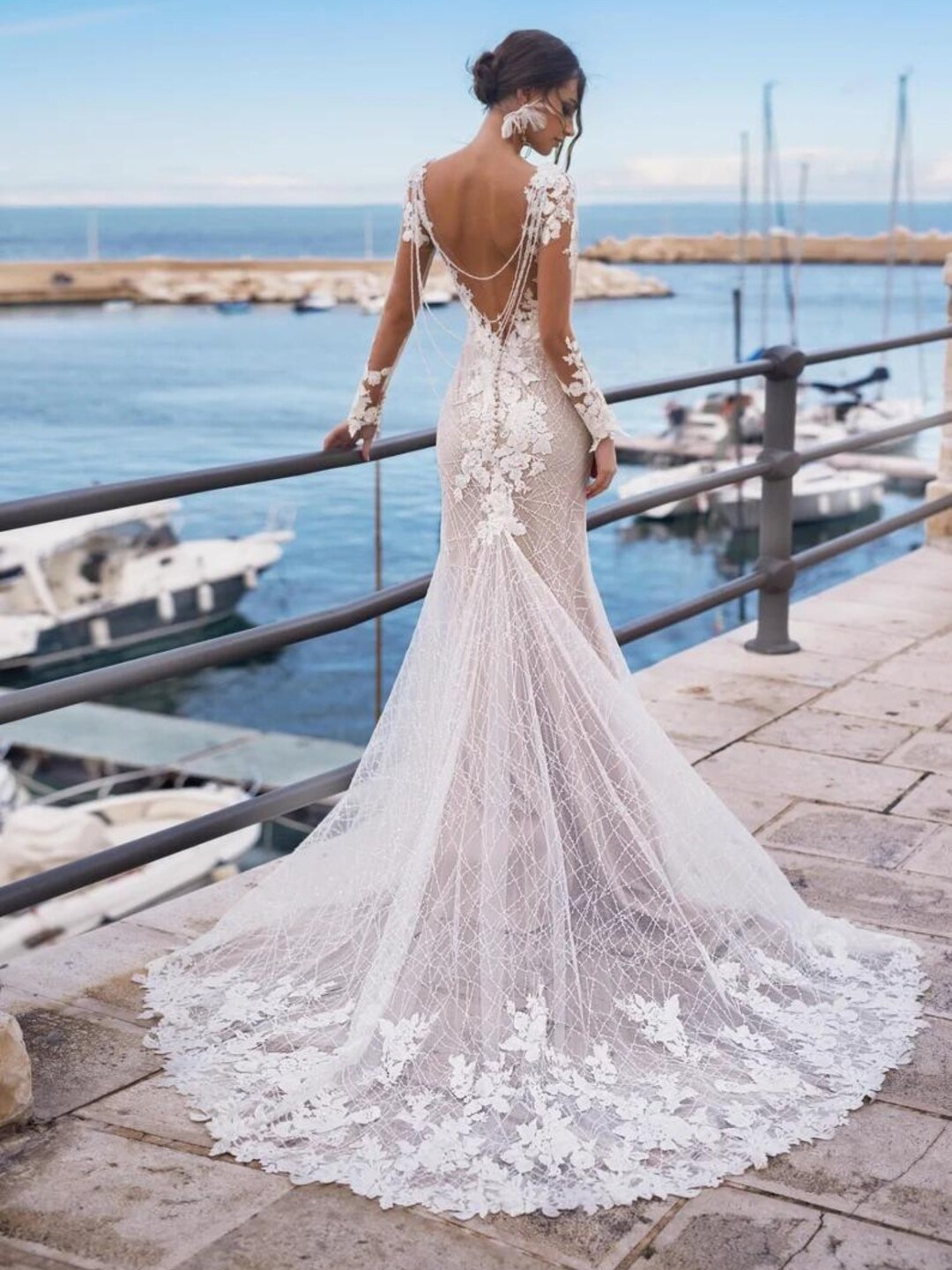 Luxury Wedding Dress With Open Hanging Beads Back Long Etsy