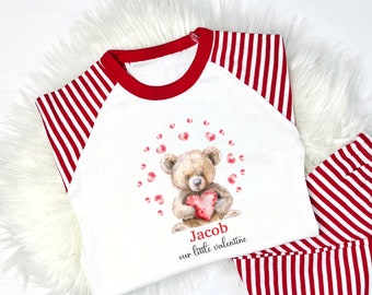 Pijamas personalizados para el día de San Valentín para bebés y niños / Lindo osito de peluche y estampado de corazón de amor Pijamas personalizados para el día de San Valentín a rayas rojas