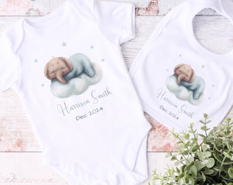 Baby jongens olifant Romper | Gepersonaliseerde baby Coming Home-outfit | Bijpassende slabbetje | Kraamcadeau | Baby jongens olifant Romper