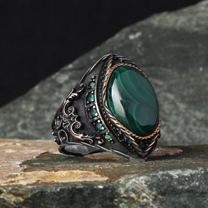 Sterling Silver Malachite Ring, Malachite Men Jewelry, Handmade Men Silver Ring, Man Gemstone Ring, Malachite Stone Green Ring