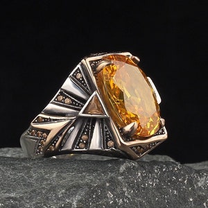 Anillo de hombre de piedra preciosa citrina, anillo de plata de hombre, anillo de hombre de plata de 925K, anillo de hombre hecho a mano, anillo de hombre vintage, regalo para padre, anillo de joyería