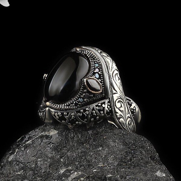 925K Silver Onyx Ring, Silver Men Ring with Onyx Stone, Handmade Silver Ring, Black Gemstone Mens Ring, Silver Classic Men Jewelry