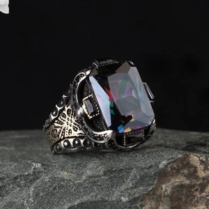 925 Silver Mystic Topaz Mens Ring, Handmade Man Ring, Unique Gemstone Ring, Vintage Silver Jewelry, Topaz Stone Man Ring, Oxidized Jewelry