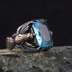 925K Sterling Silver Mens Ring, Turquoise Stone Ring, Silver Eagle Man Ring, Vintage Ring with Stone, Eagle Engraved Ring, Oxidized Jewelry