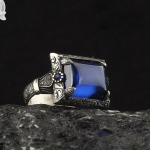 Silver Blue Zircon Men's Ring, 925K Silver Mens Jewelry, Zircon Gemstone Ring, Engraved Vintage Man Ring, Mens Accessory with Blue Stone