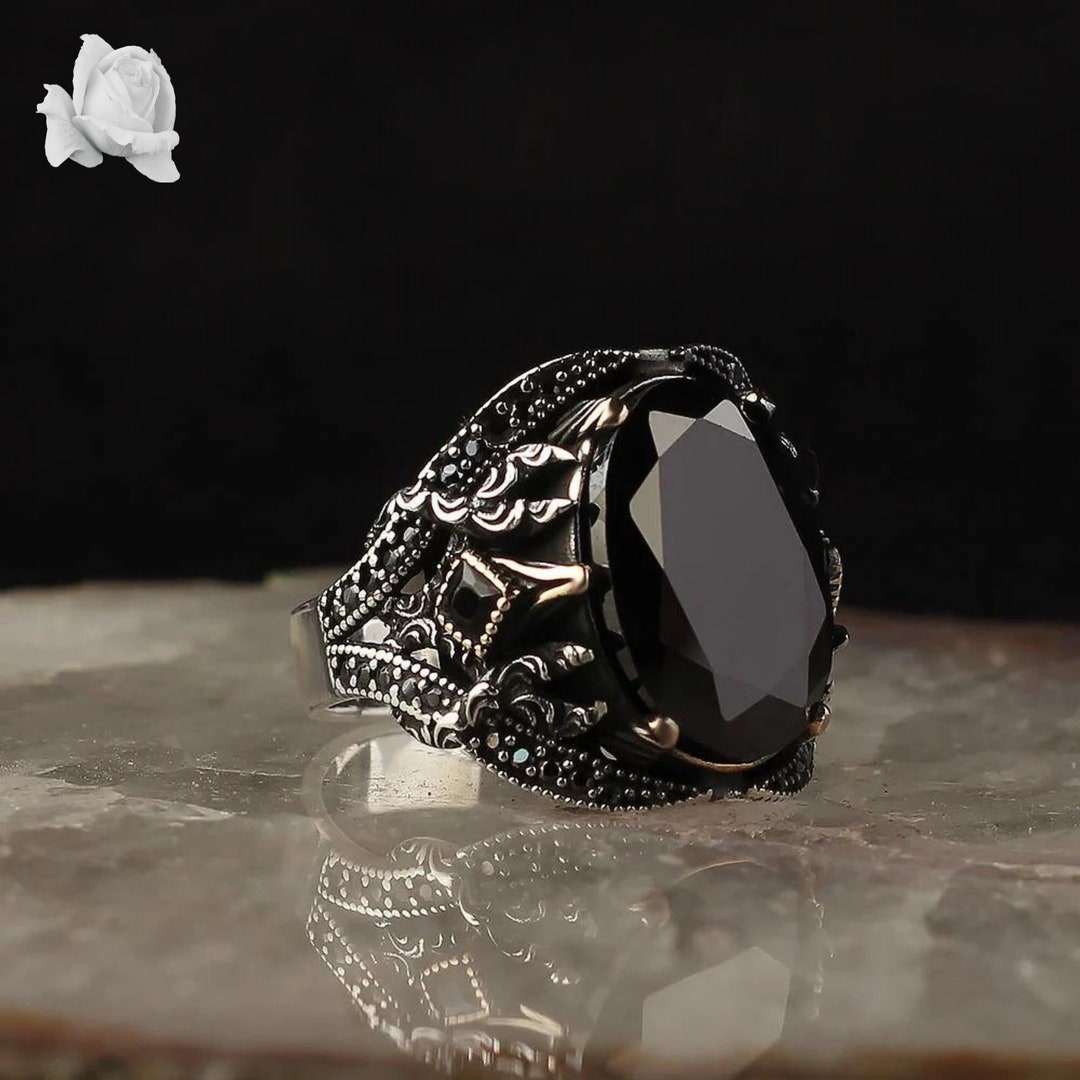 925K Silver Black Zircon Ring, Unique Handmade Mens Silver Ring, Black ...