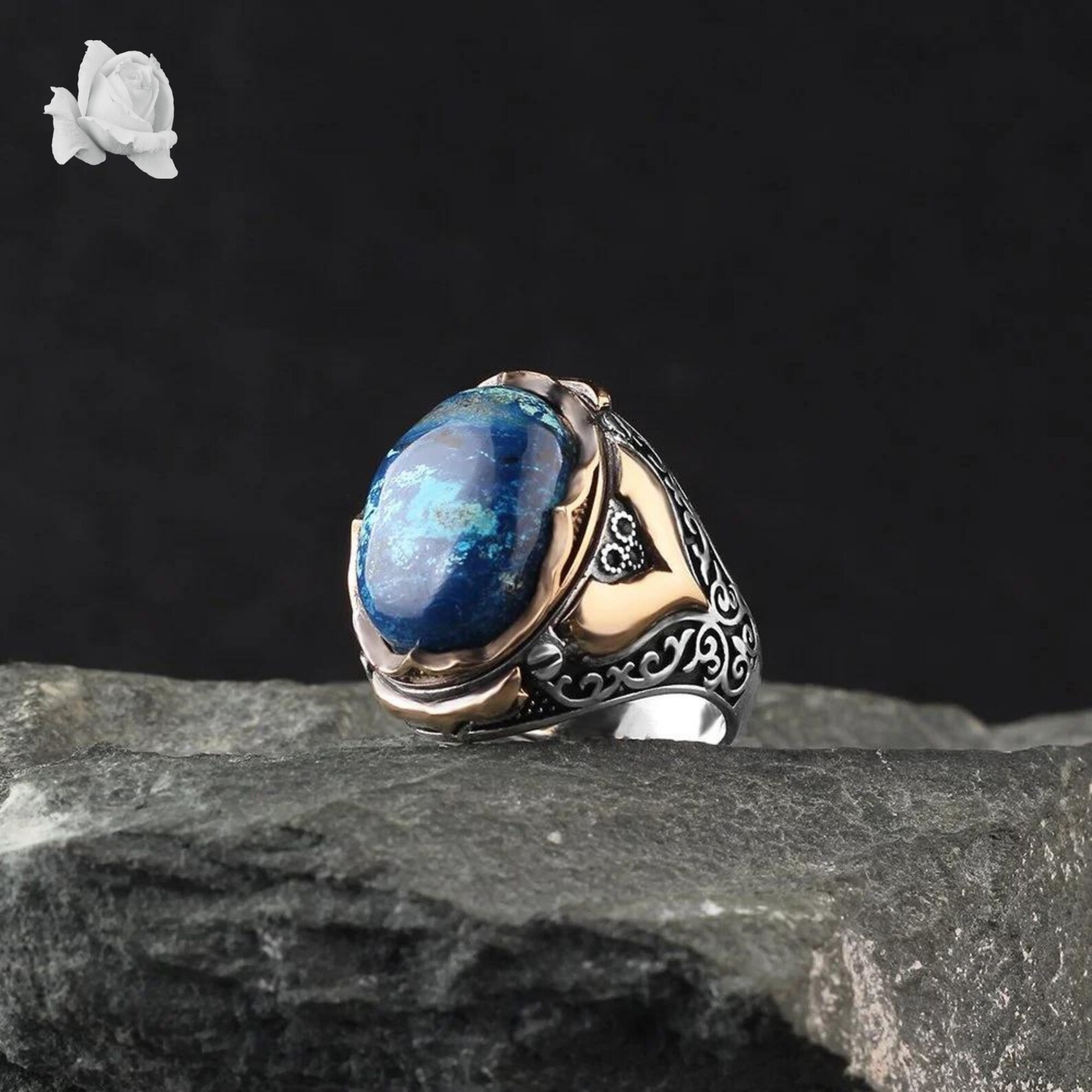 925K Silver Azurite Stone Ring Azurite Gemstone Mens Ring - Etsy