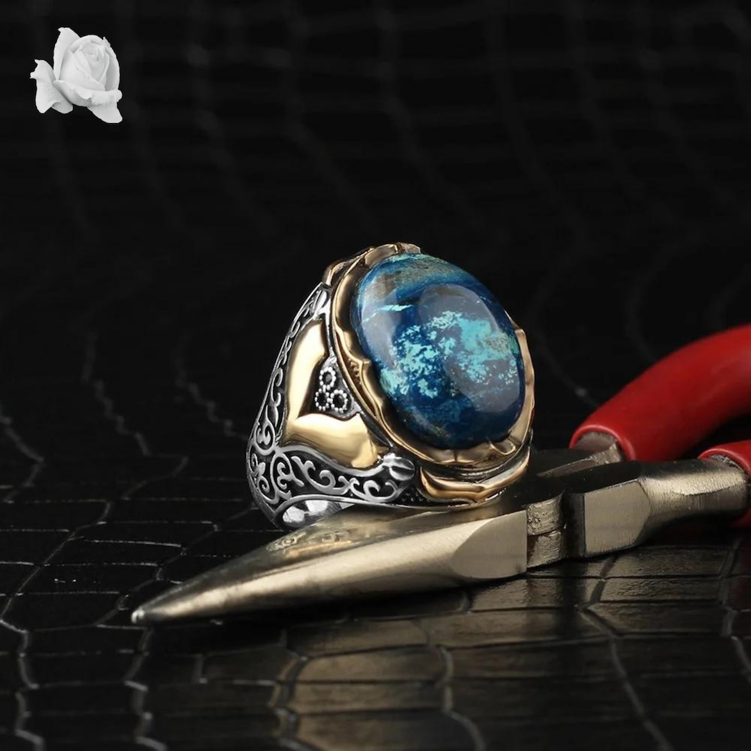 925K Silver Azurite Stone Ring, Azurite Gemstone Mens Ring, Vintage ...