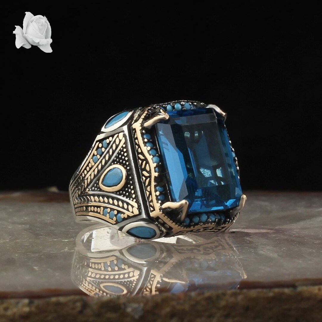 Men Silver Ring, 925K Silver Men Ring, Blue Zircon Stone Ring, Handmade ...