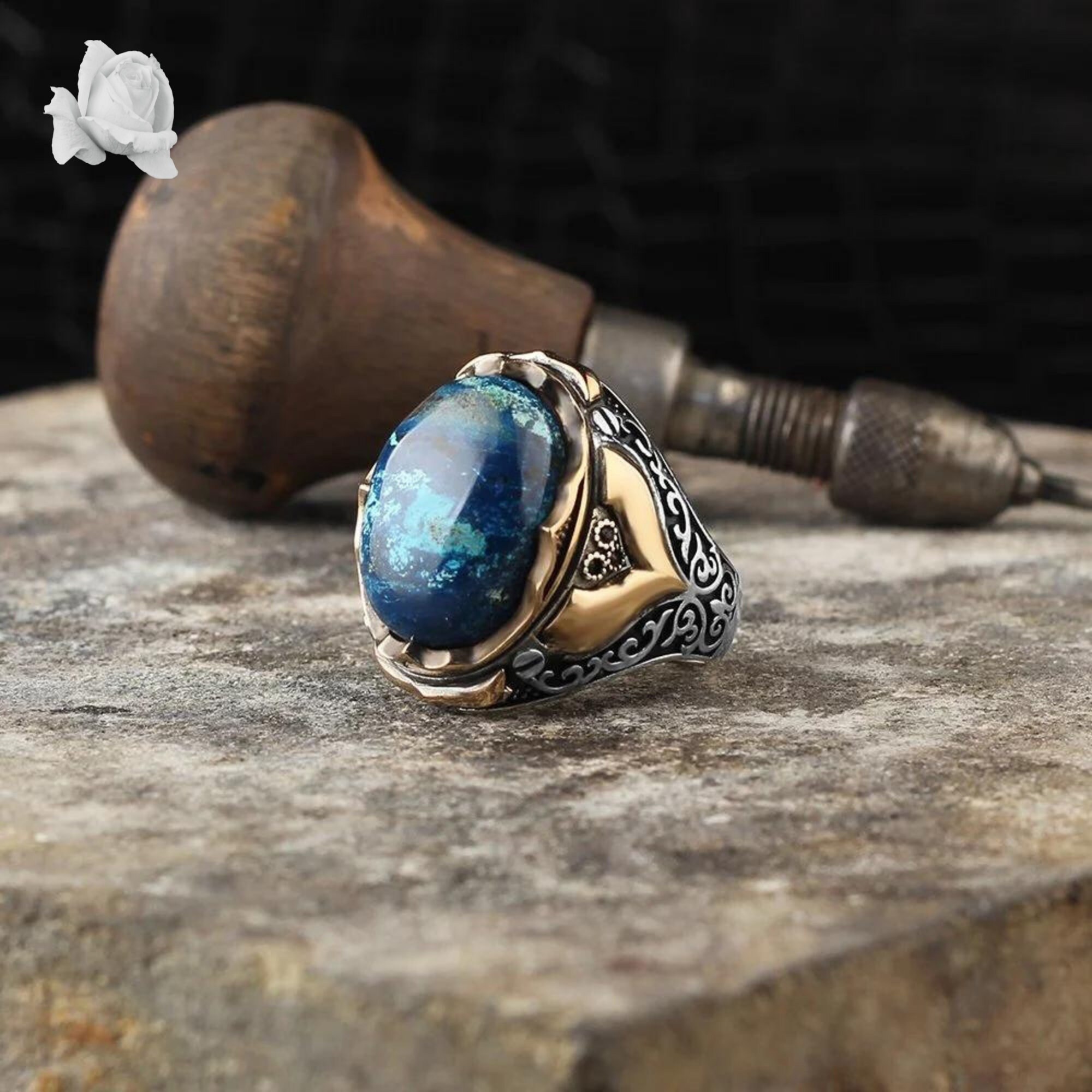 925K Silver Azurite Stone Ring Azurite Gemstone Mens Ring - Etsy