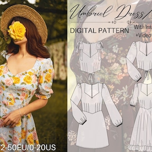PADRÃO DE COSTURA VESTIDO/TOP-Pdf. Padrão digital, tipo espartilho, 32-52EU/0-20US | 4 opções de roupas | Download instantâneo A4/Carta + tutorial em vídeo