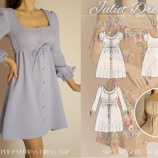 BABYDOLL DRESS Sewing Pattern | Digital Pattern | Instant download | Short/Long Puffed Sleeves | 11 Sizes | A4/Letter+ TOP Pattern included