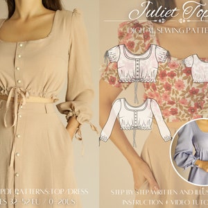 TOP Sewing PATTERN | Digital Pattern | Instant download | Short/Long Puffed Sleeves | 11 Sizes | A4/Letter + DRESS Pattern included