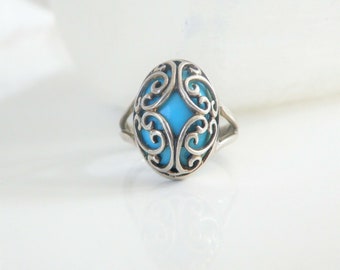 Vintage Sterling Silver 925 Turquoise Unique Scroll Band Ring Size 6